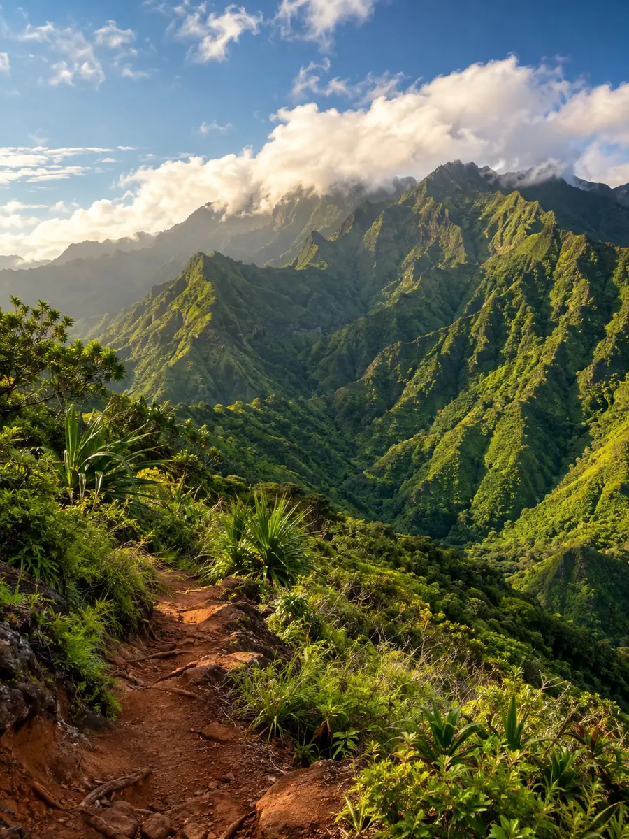 Grüne Grate und tiefe Täler der West Maui Mountains über einer Piste aus roter Erde